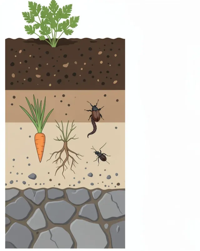 Flat vector cross-section of soil horizons with a carrot, grass roots, an earthworm and a beetle