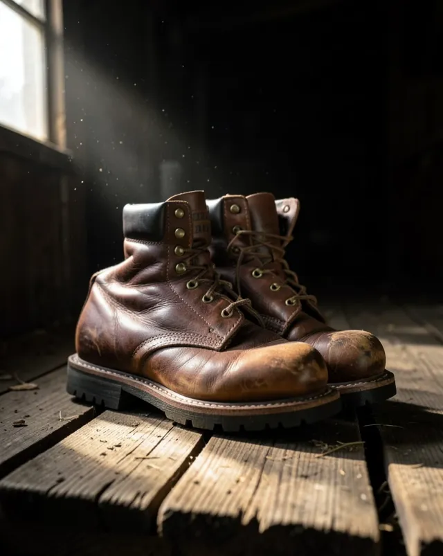 Rustic leather boots on rough-sawn wood in moody light