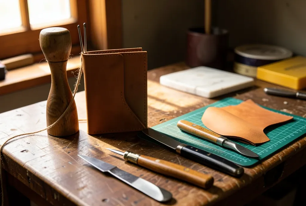 Leatherworker's bench with a half-stitched wallet in a stitching pony, awl and round knife