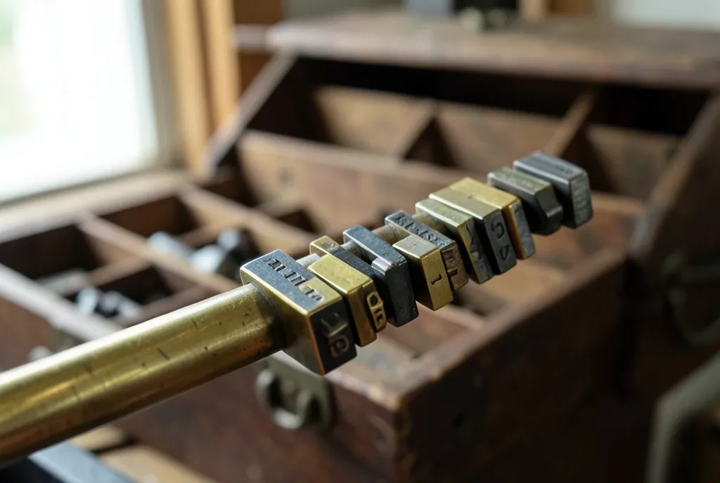 Brass composing stick with lead type locked in, type case soft behind, side-lit metal faces