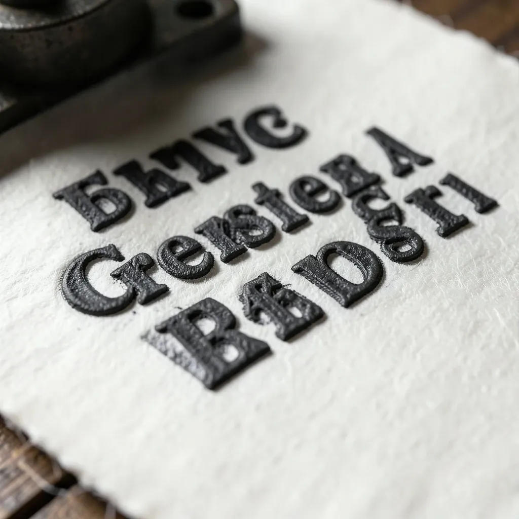 A letterpress platen pressing inked type into thick cotton paper with a deep deboss