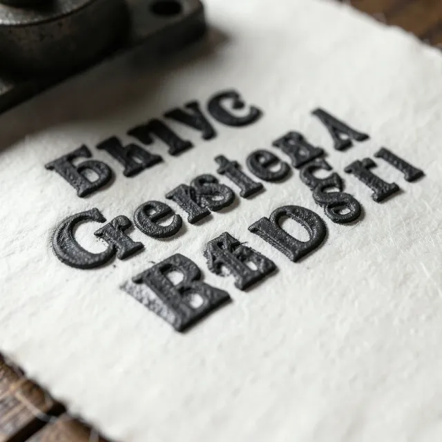 A letterpress platen pressing inked type into thick cotton paper with a deep deboss