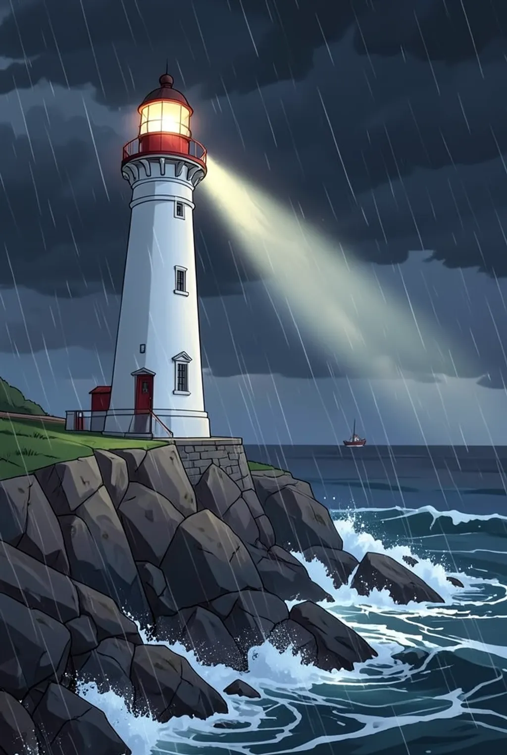 A white lighthouse with a red lantern room on a rocky cliff, waves crashing in a storm.