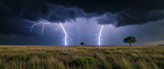 Dramatic lightning bolts striking behind rolling grassland with dark storm clouds and a lone tree