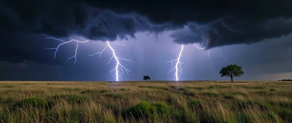 Dramatic lightning bolts striking behind rolling grassland with dark storm clouds and a lone tree