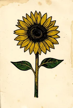 Linocut print of a sunflower with bold carved lines in black ink with mustard yellow and green on cream