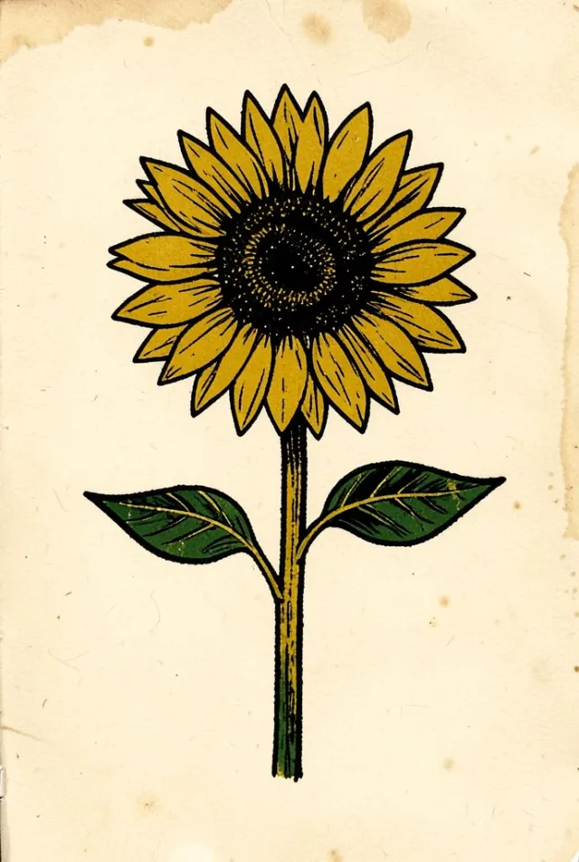Linocut print of a sunflower with bold carved lines in black ink with mustard yellow and green on cream