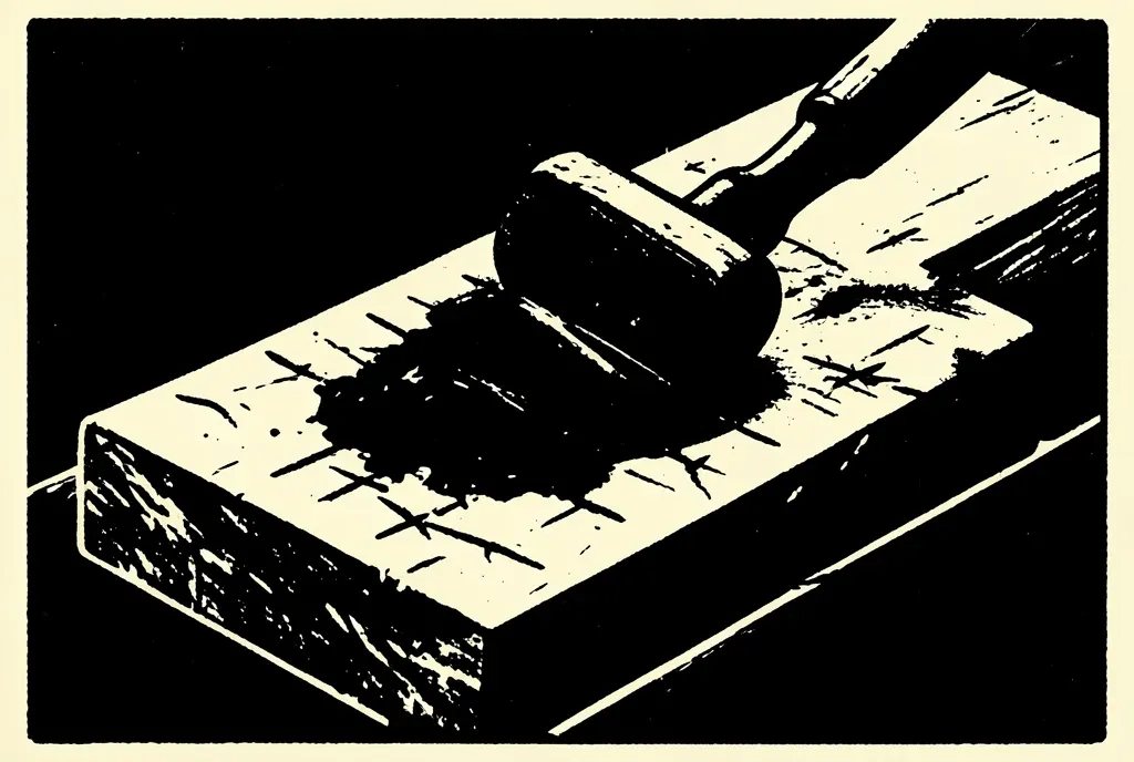A bold black and cream linocut of a brayer rolling ink across a carved block
