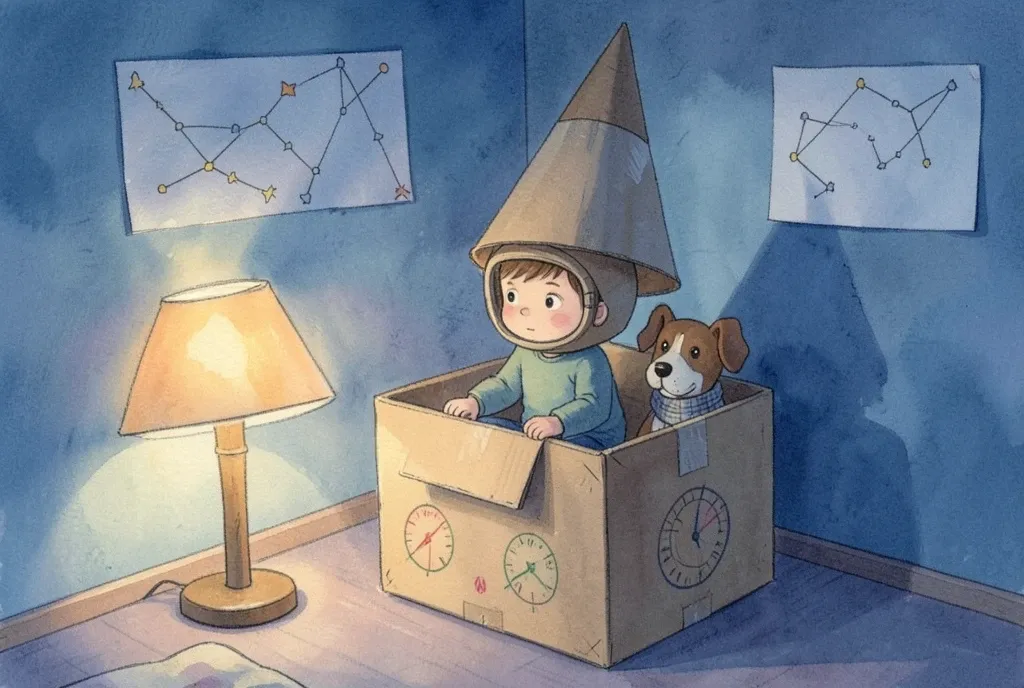 Child in a cardboard space helmet inside a homemade box rocket lit by a bedside lamp