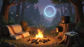 Loading screen illustration of a fantasy campsite at dusk with campfire map and portal in orange green and purple