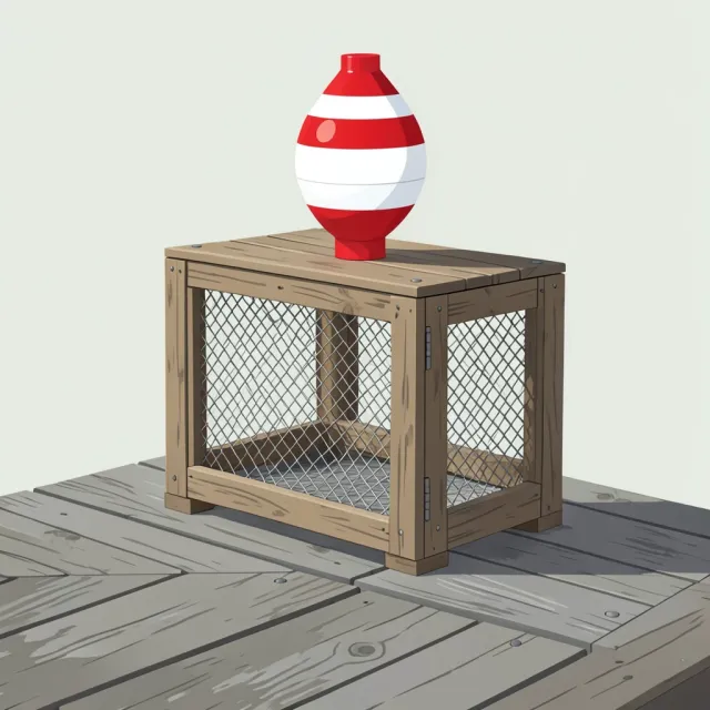 A flat illustration of a wooden lobster trap with a striped buoy on a weathered dock.
