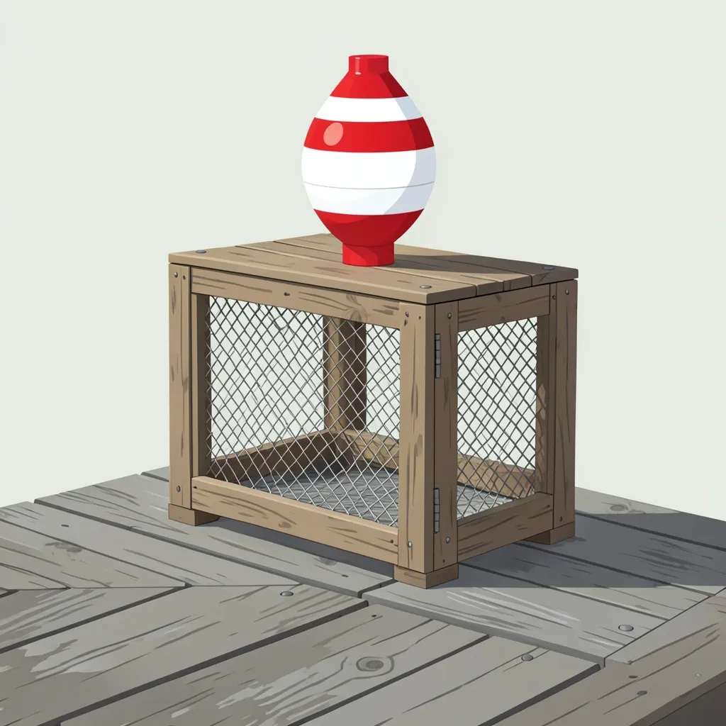 A flat illustration of a wooden lobster trap with a striped buoy on a weathered dock.