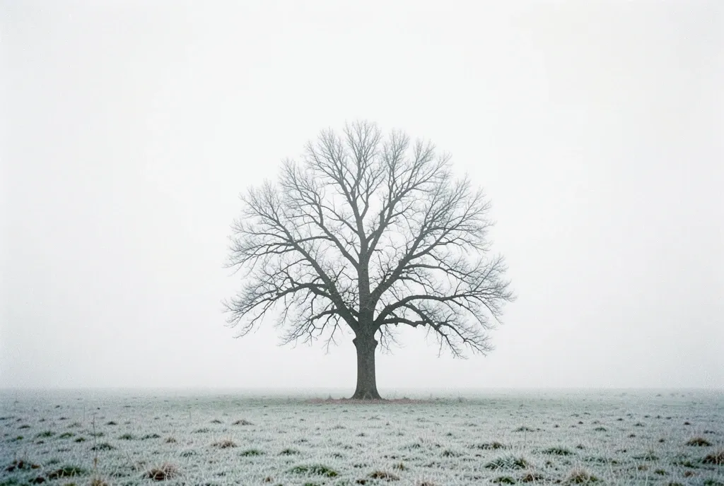 A lone bare tree in a flat fog field, near-monochrome Flux.1 dev render