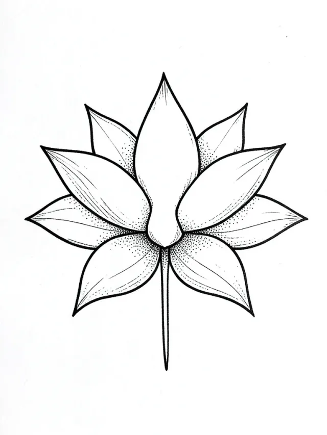 Fine-line lotus flower tattoo with seven symmetrical petals in black hairline strokes on white paper