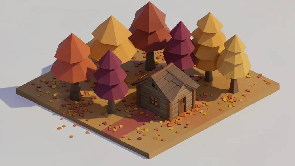 Low-poly autumn forest with faceted orange and red trees and a small cabin in a clean 3D game scene