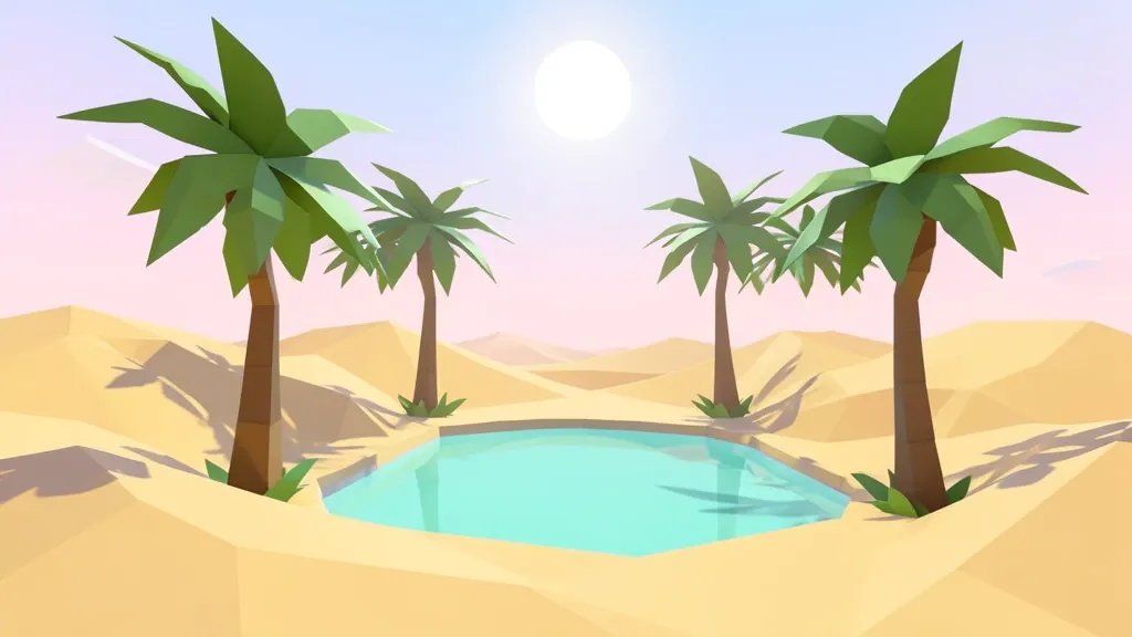 Low poly desert oasis with faceted palm trees around a turquoise pool, sand dunes, and a bright sun