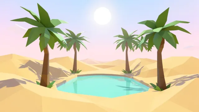 Low poly desert oasis with faceted palm trees around a turquoise pool, sand dunes, and a bright sun