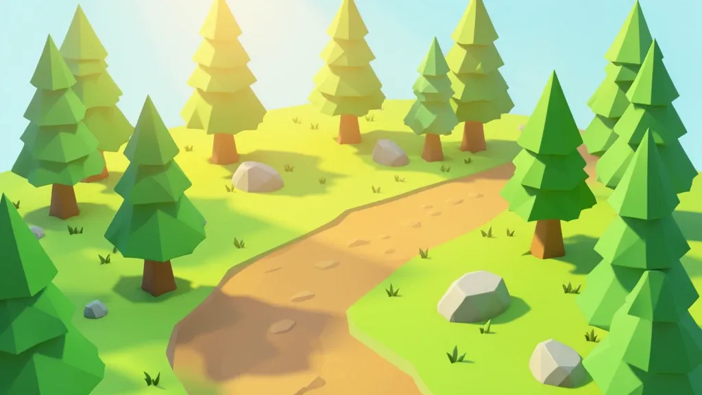 Low poly forest game asset with stylized trees, rocks, and a path