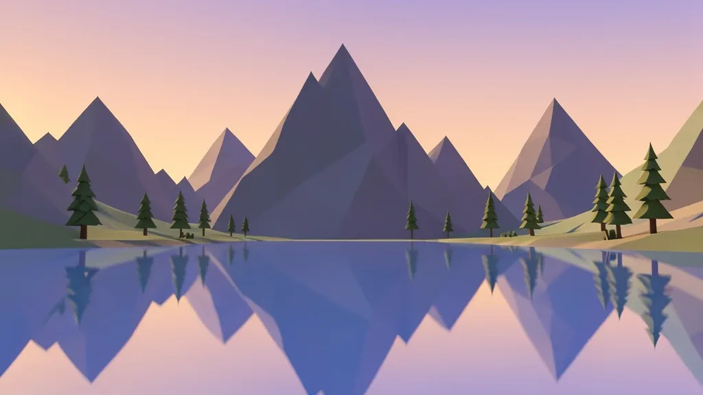 Low-poly mountain lake at sunset, faceted pine trees and jagged peaks mirrored in calm still water