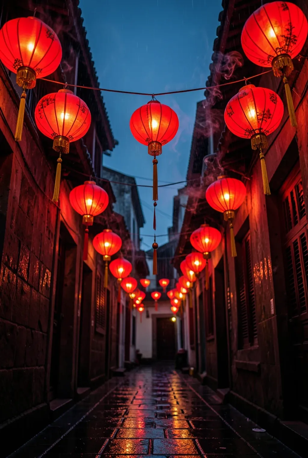 Red paper lanterns glowing over a narrow rain-dark street for Lunar New Year