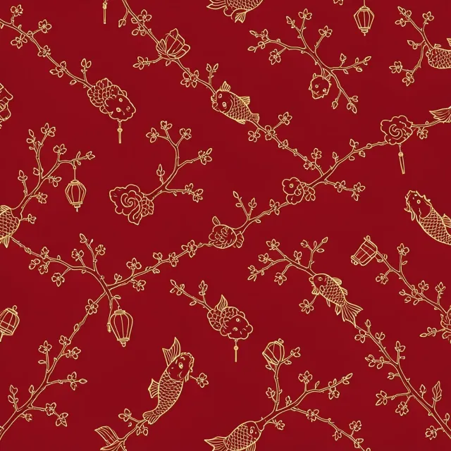 Gold line pattern of plum blossom, clouds, koi and lanterns on a deep vermilion red ground