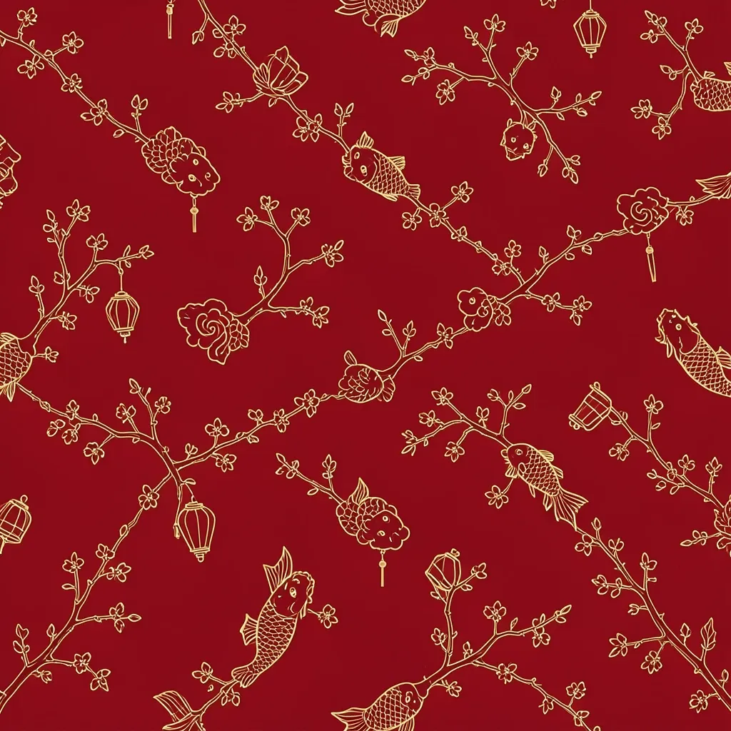 Gold line pattern of plum blossom, clouds, koi and lanterns on a deep vermilion red ground