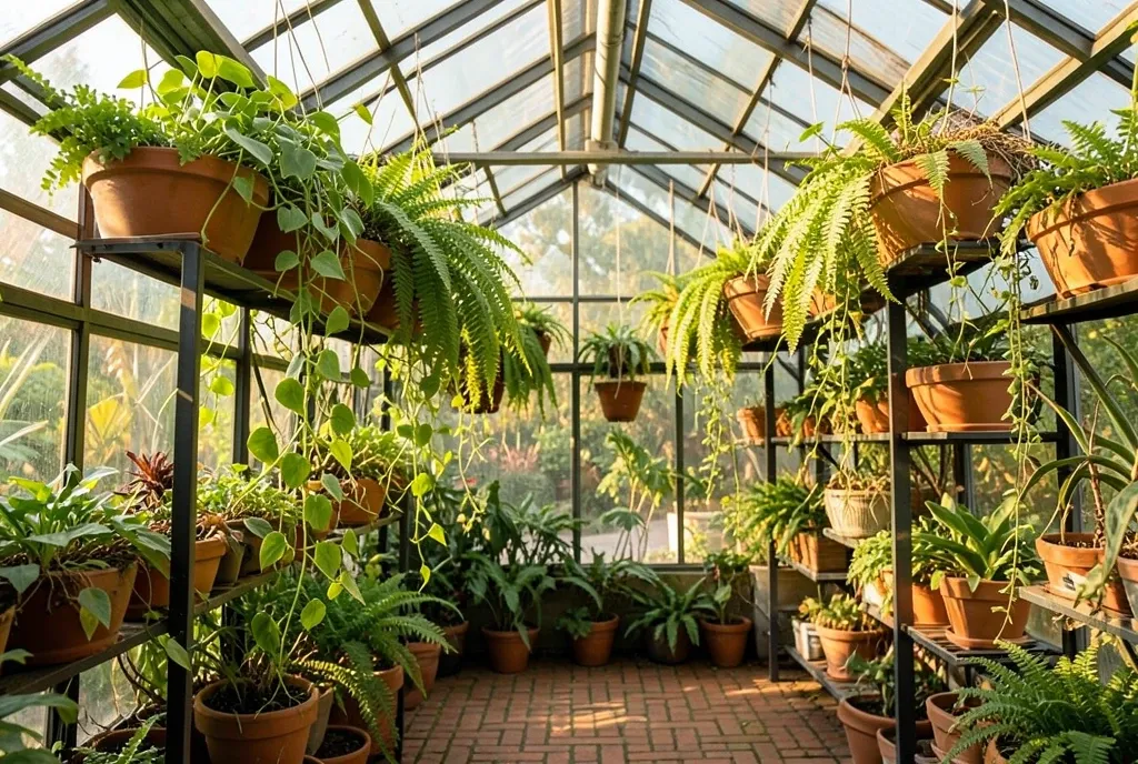 Lush greenhouse interior with hanging pothos and ferns, terracotta pots, and warm afternoon light