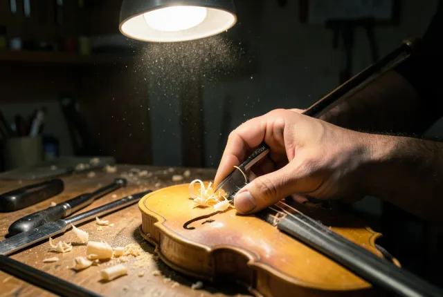 A luthier planing the arched spruce top of a violin, shavings curling under a lamp
