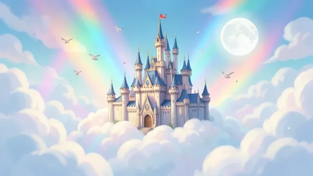 Magical fairytale castle perched on fluffy white clouds with rainbow light beams and flying birds