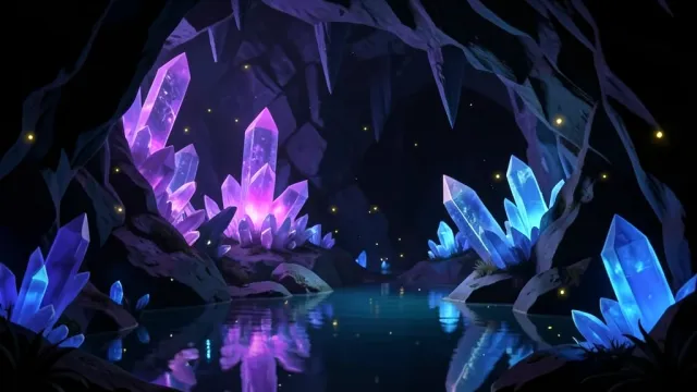 Magical crystal cave with glowing amethyst and blue crystals, reflecting pool, and tiny fireflies