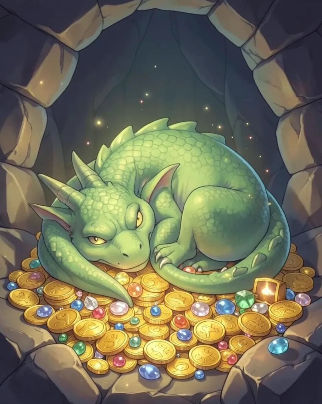 Gentle green dragon curled asleep on a pile of gold coins and jewels in a glowing stone cavern