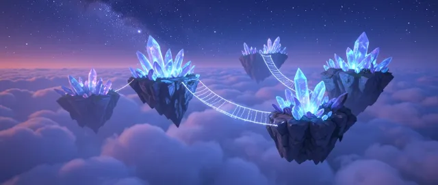 Jagged crystal islands floating above clouds, glowing from within and connected by light bridges in twilight