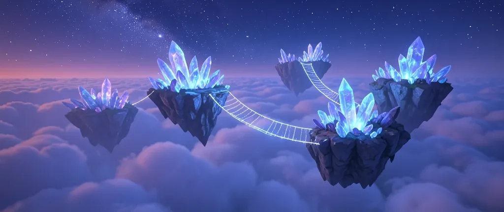 Jagged crystal islands floating above clouds, glowing from within and connected by light bridges in twilight