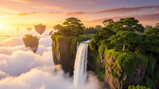 Lush floating island with waterfall plunging into clouds below at sunset with distant islands