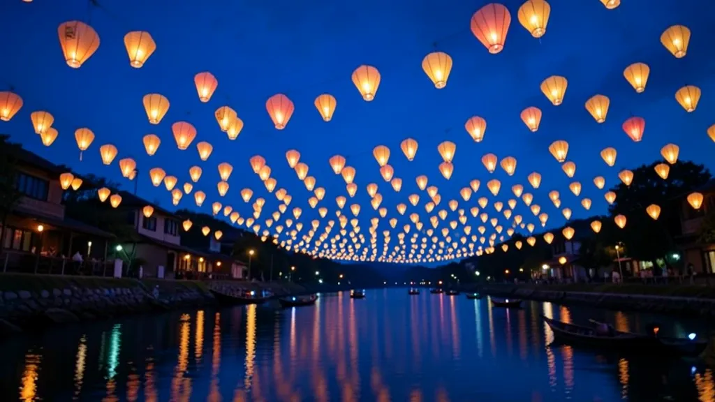 Thousands of floating paper lanterns rising into a twilight sky over a calm river
