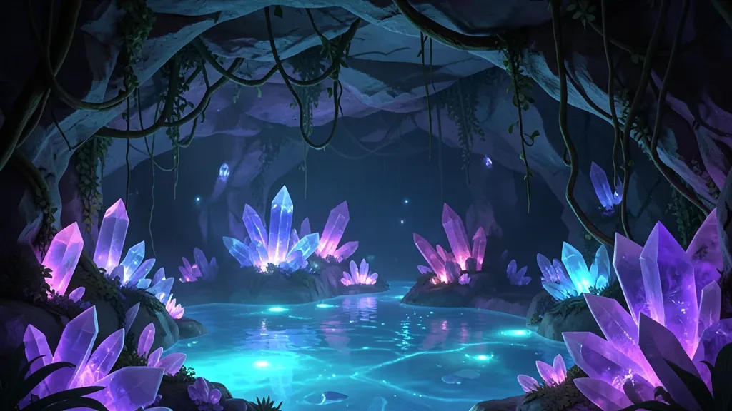 Hidden cave pool surrounded by glowing amethyst and quartz crystals with bioluminescent water
