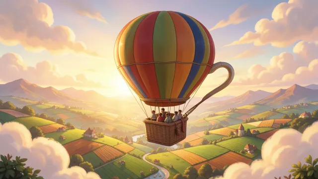 Magical teacup-shaped hot air balloon floating over a whimsical fantasy valley at sunset