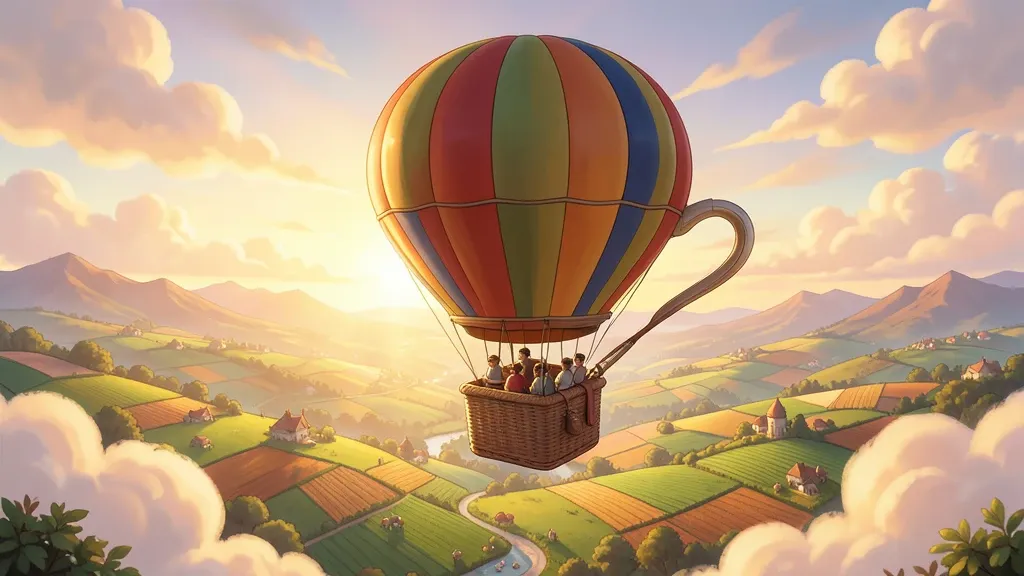 Magical teacup-shaped hot air balloon floating over a whimsical fantasy valley at sunset
