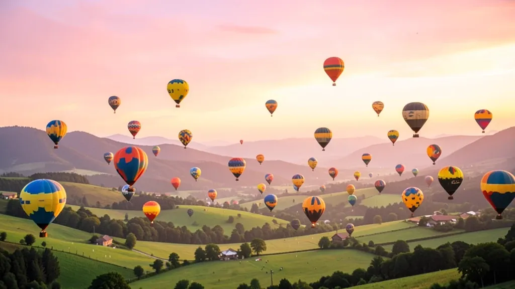 Colorful hot air balloons floating over a green valley at sunrise with distant mountains
