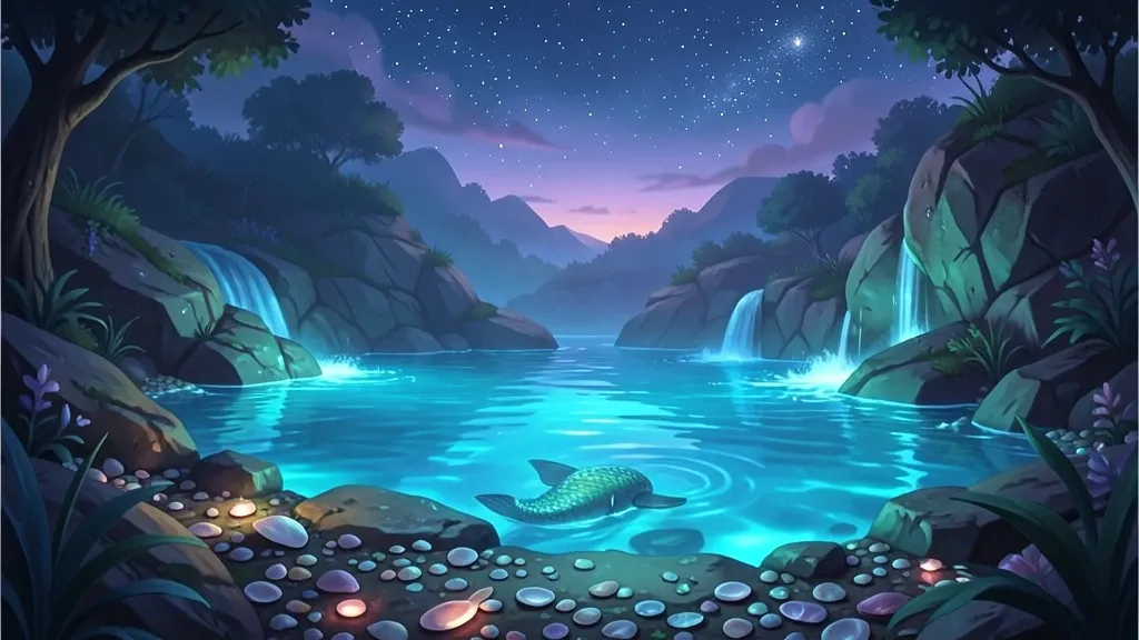 Magical hidden mermaid cove with glowing blue water, shells, waterfall, and twilight sky