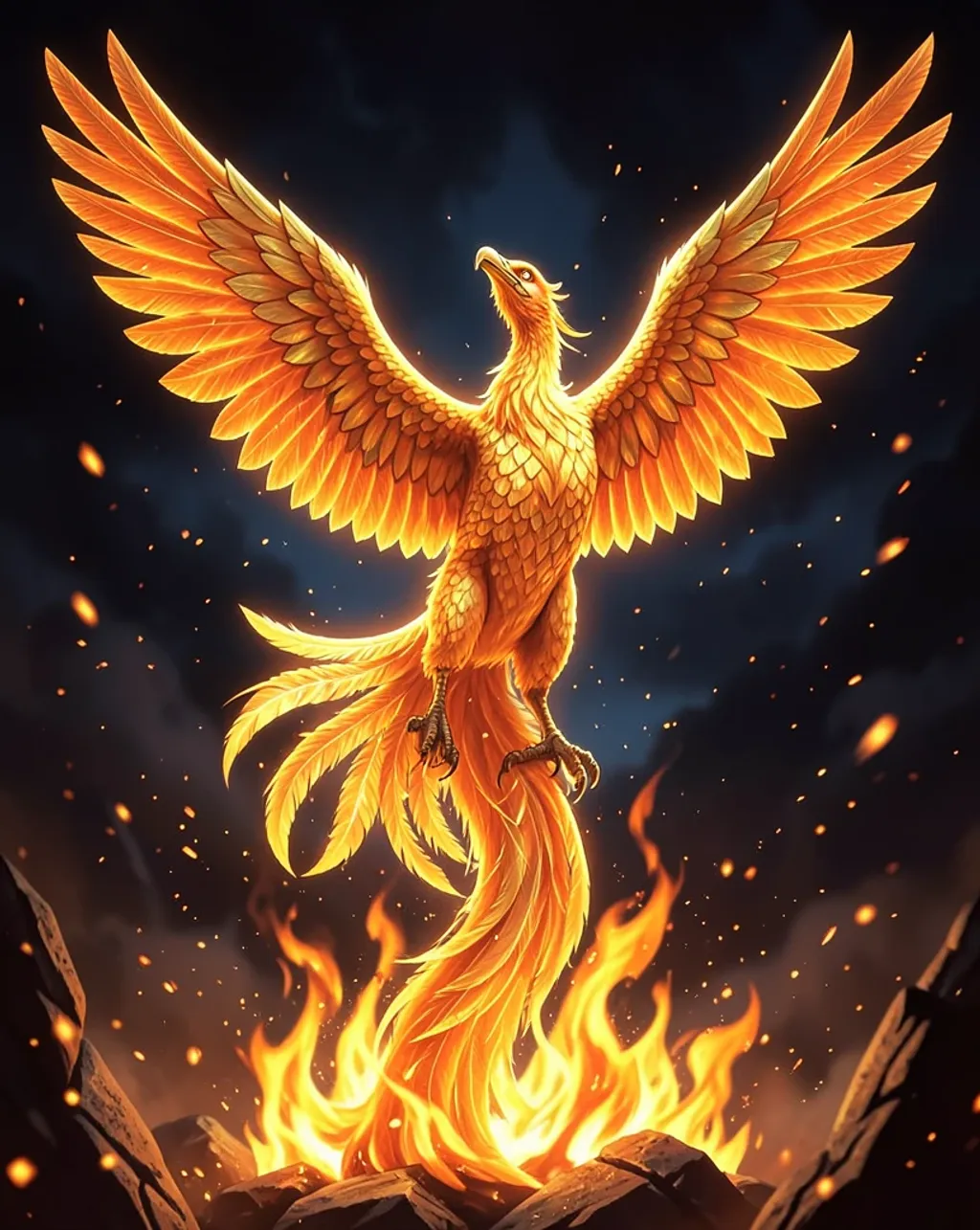 Magnificent phoenix with glowing orange and gold feathers rising from flames and embers