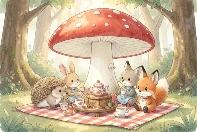 Storybook watercolor of small woodland animals having a tea picnic under a giant red toadstool mushroom