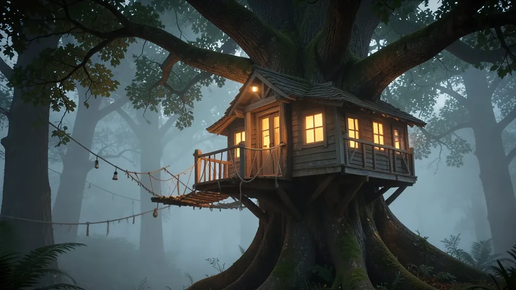Magical wooden treehouse in a giant oak with rope bridge and warm lantern light in misty forest