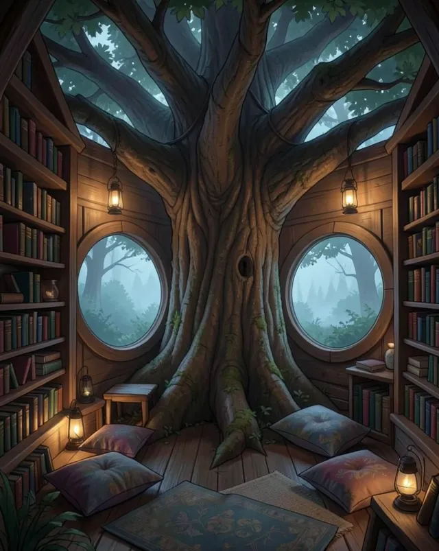 Magical treehouse library inside a giant oak with books, round windows, and glowing lanterns
