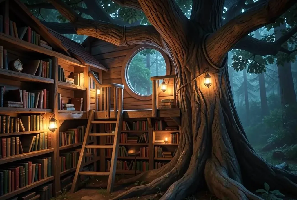 Cozy wooden treehouse library with bookshelves, ladder, glowing lanterns, and round window showing forest