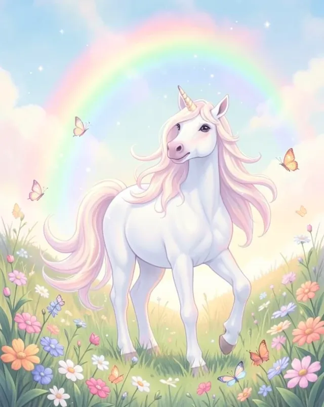 Magical white unicorn with flowing mane standing among wildflowers under soft rainbow light