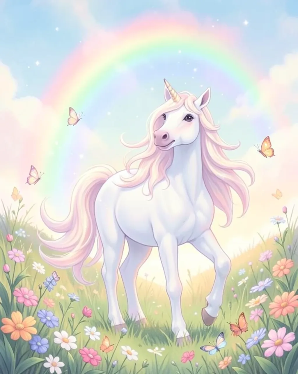 Magical white unicorn with flowing mane standing among wildflowers under soft rainbow light