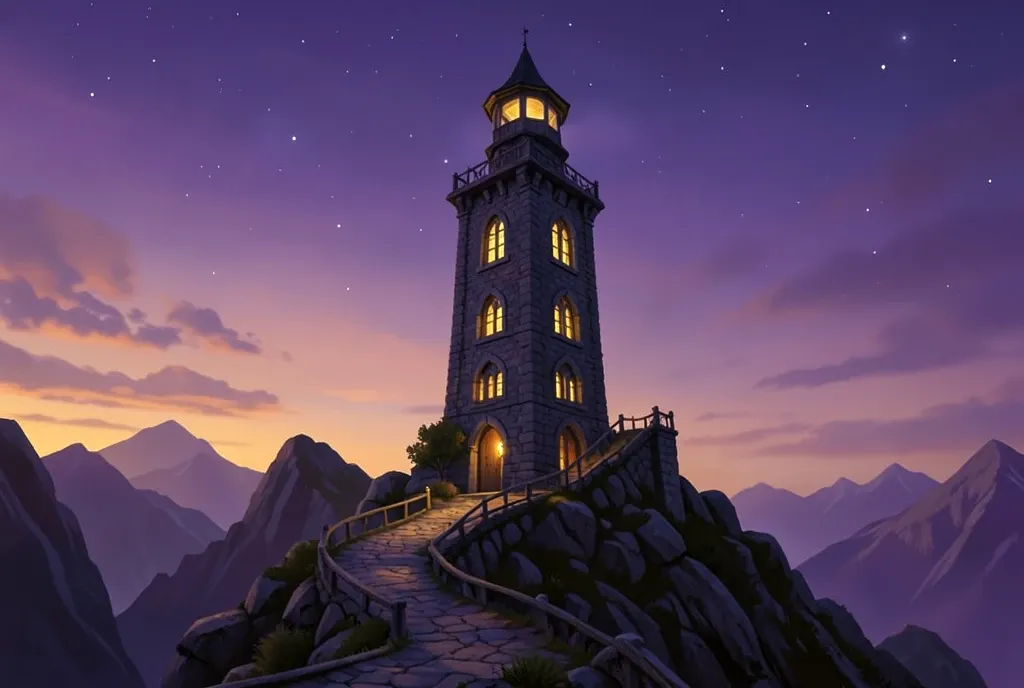 Tall magical stone tower with glowing windows on a rocky hill under purple and orange dusk sky