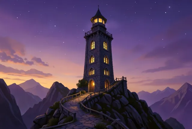 Tall magical stone tower with glowing windows on a rocky hill under purple and orange dusk sky