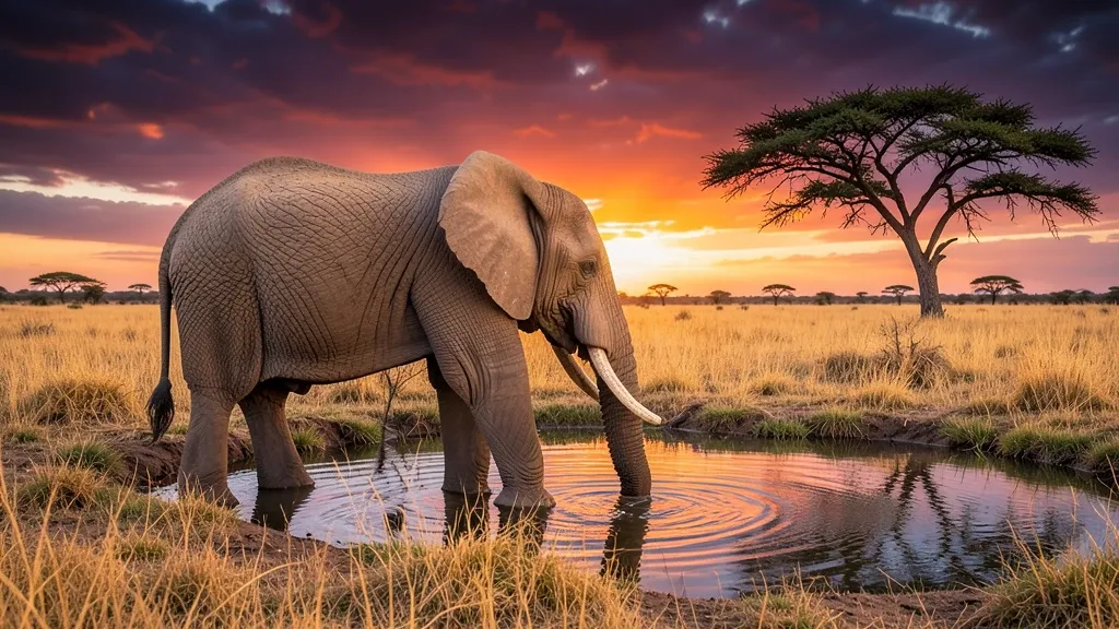 Large African elephant with tusks drinking from a calm waterhole at sunset with acacia tree